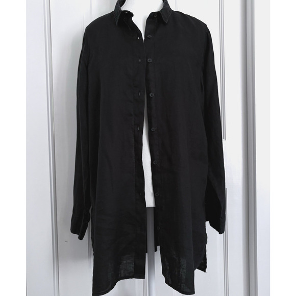 Garnet Hill Black Easy Linen Tunic Top Sz M Long Sleeve Button Up Minimalist - Picture 10 of 15